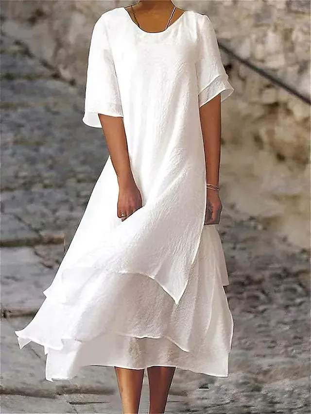 Women's Casual Dress Cotton Linen Dress White Cotton Dress Midi Dress Layered Basic Daily Crew Neck Half Sleeve Summer Spring White Yellow Plain