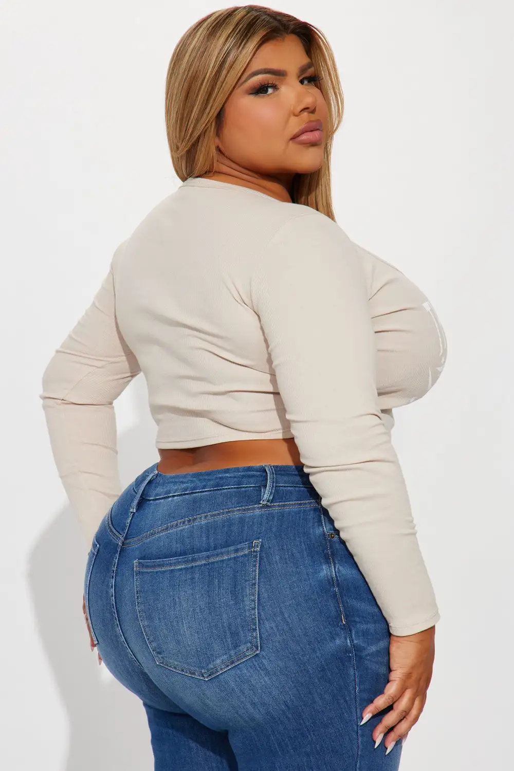 Roll Deep Hook & Eye Long Sleeve Top - Beige