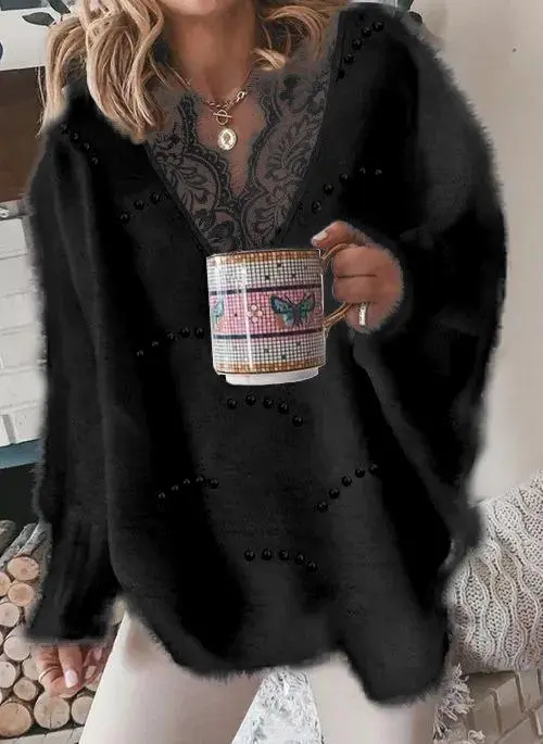 V-neckline Solid Color Casual Lace H-line Sweaters