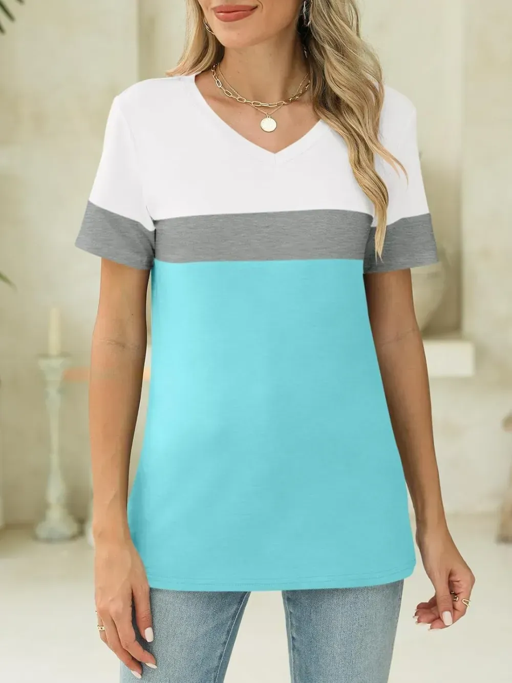 ORANDESIGNE Women's Color Block Short Sleeve T Shirts Casual V Neck Summer Tops Tees Loose Fit Blouses