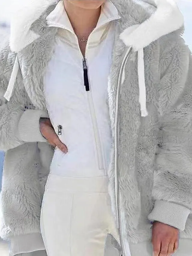 Women's Zip Hoodie Sweatshirt Fleece Jacket Pullover Sherpa Fleece Teddy Zipper Green Blue Purple Plain Round Neck Long Sleeve S M L XL 2XL 3XL / Winter / Fleece lined