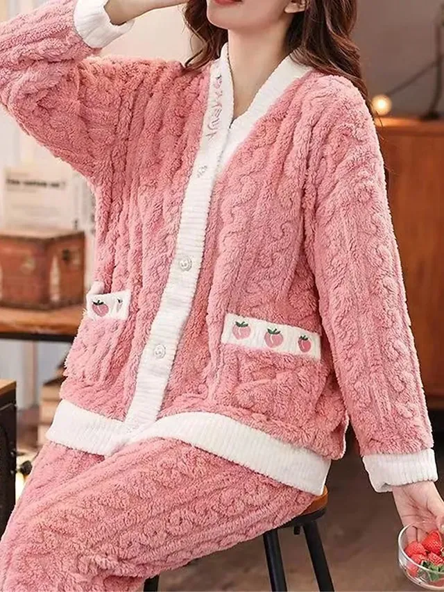 Women's Pajamas Sets Fruit Plush Casual Comfort Home Bed Flannel Warm Breathable V Wire Long Sleeve Shirt Pant Button Pocket Fall Winter Home Outfits