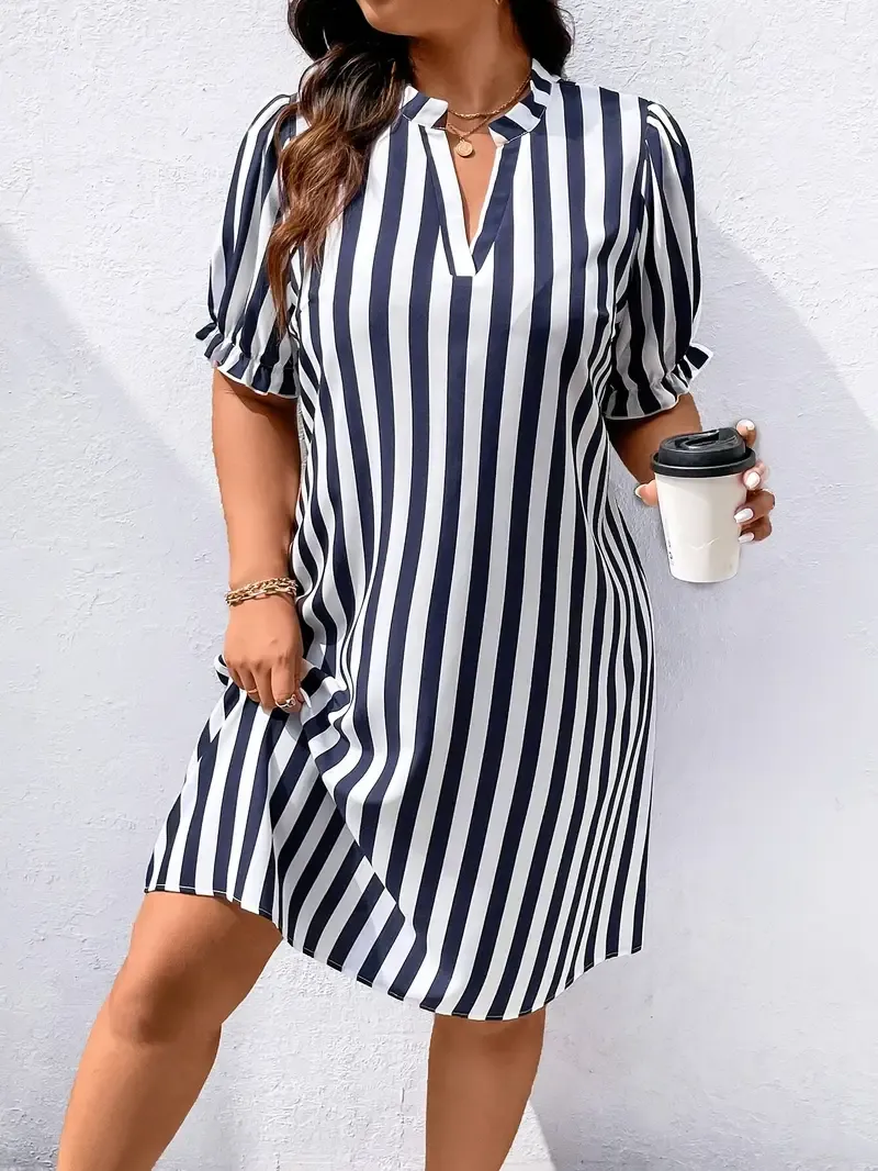 Large Size Women's Trumpet Short Sleeve Striped Print Simple Daily Dress 10K+ sold Sold by Miss YuChen