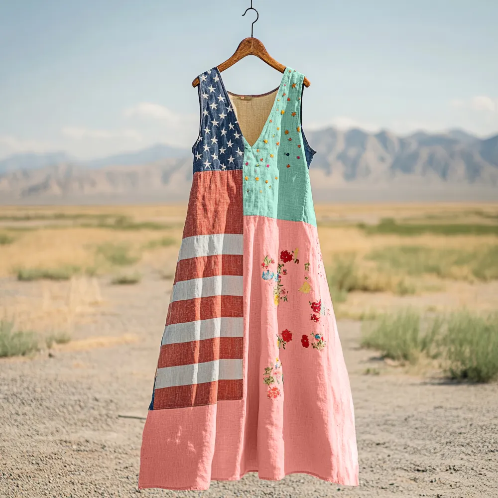 Women's Independence Day Flag Print Cotton And Linen Dress