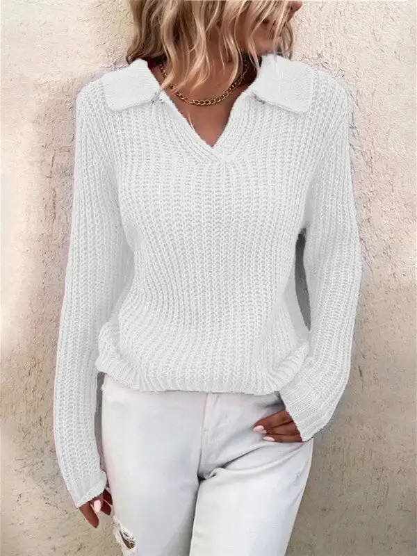 Solid Color Lapel Neck Knit Sweater