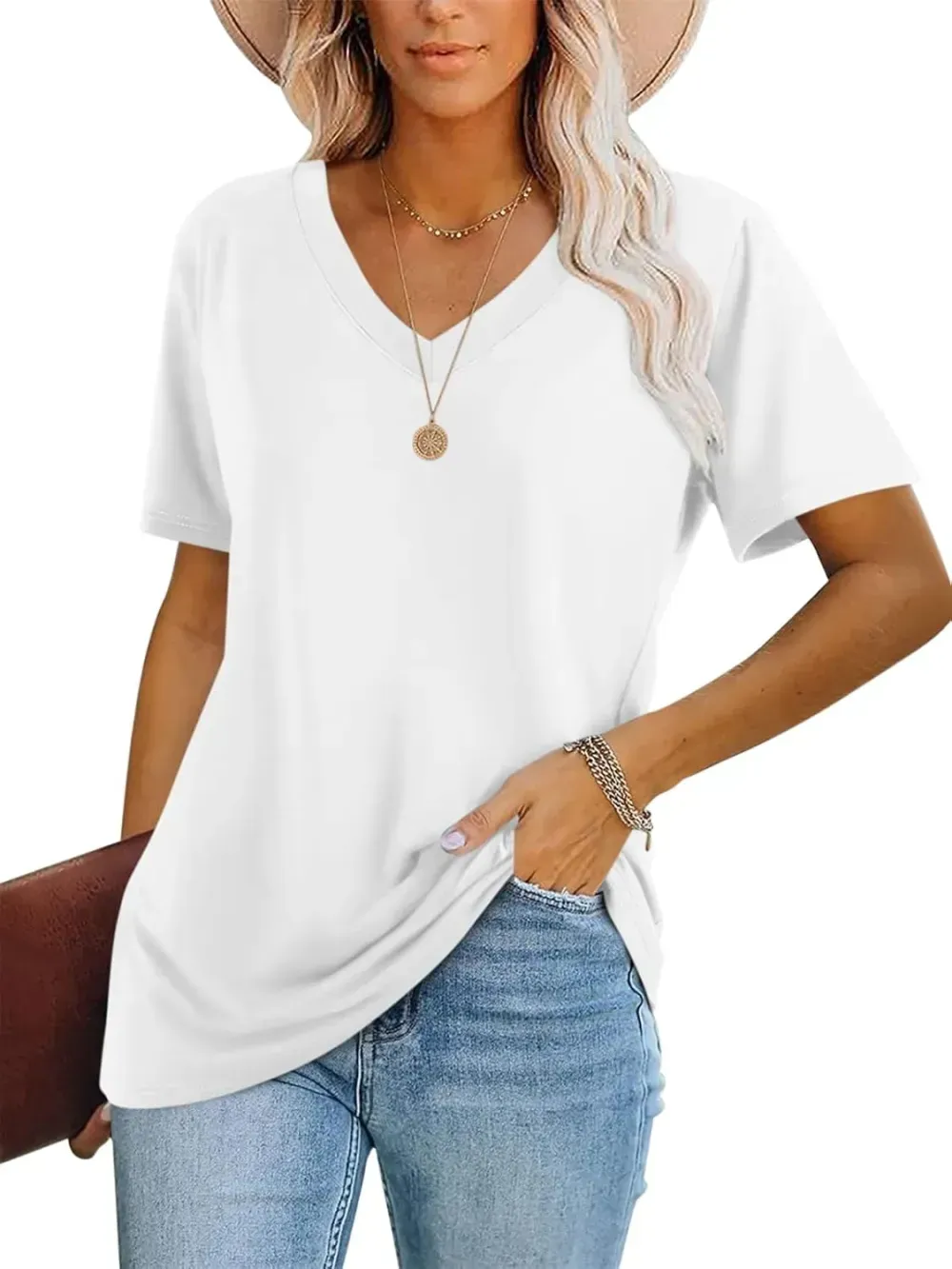 ORANDESIGNE Women's Color Block Short Sleeve T Shirts Casual V Neck Summer Tops Tees Loose Fit Blouses