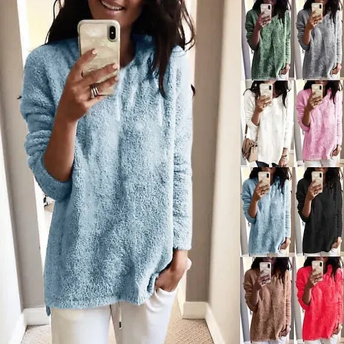 Women's Pullover Sweater Jumper Stylish Casual Soft Solid Color Fuzzy Crew Neck Oversized Long Sleeve Long Tops Knit Outdoor Daily Going out Lake blue ArmyGreen Fall Winter