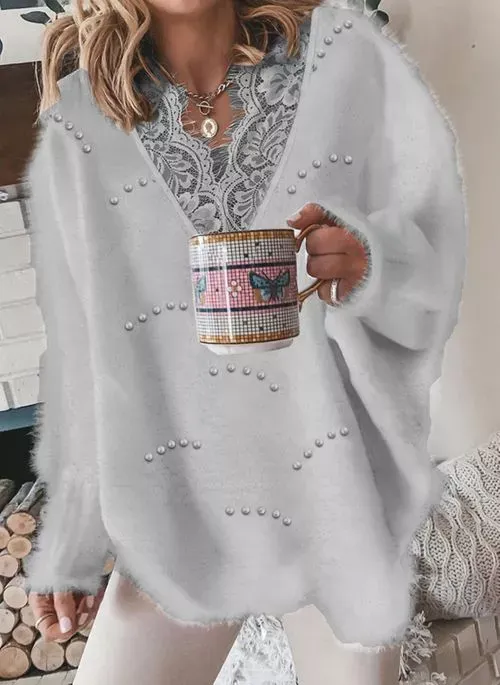 V-neckline Solid Color Casual Lace H-line Sweaters