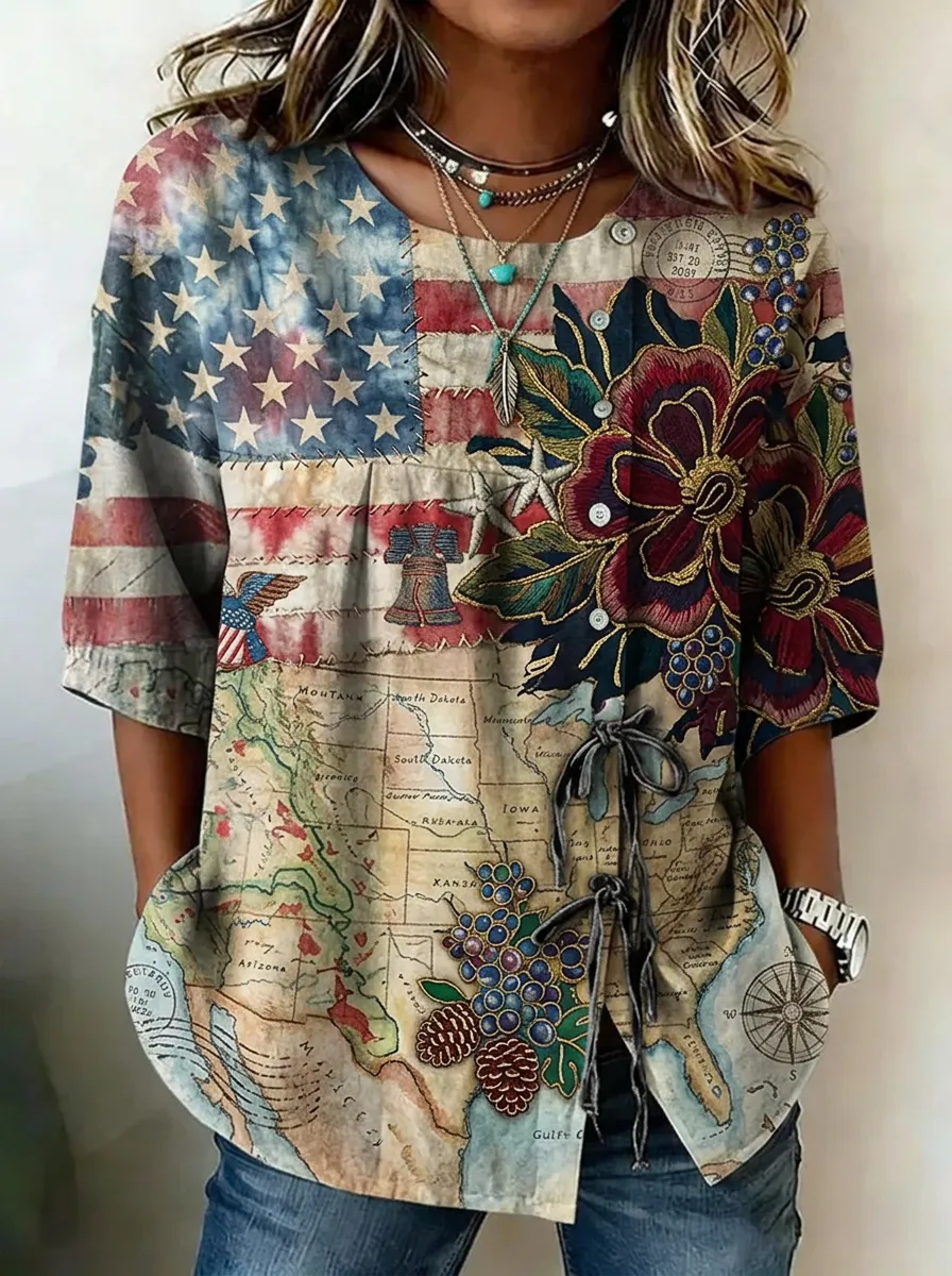 Women's Nashville Travel Map Floral American Flag Printed Top