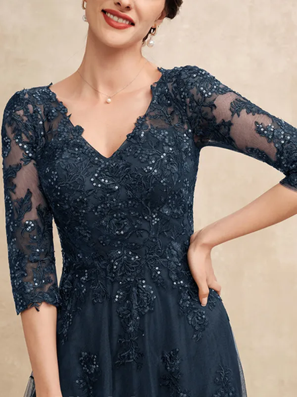 V-Neck Floor Length Tulle Lace Sequined Bridal Gown