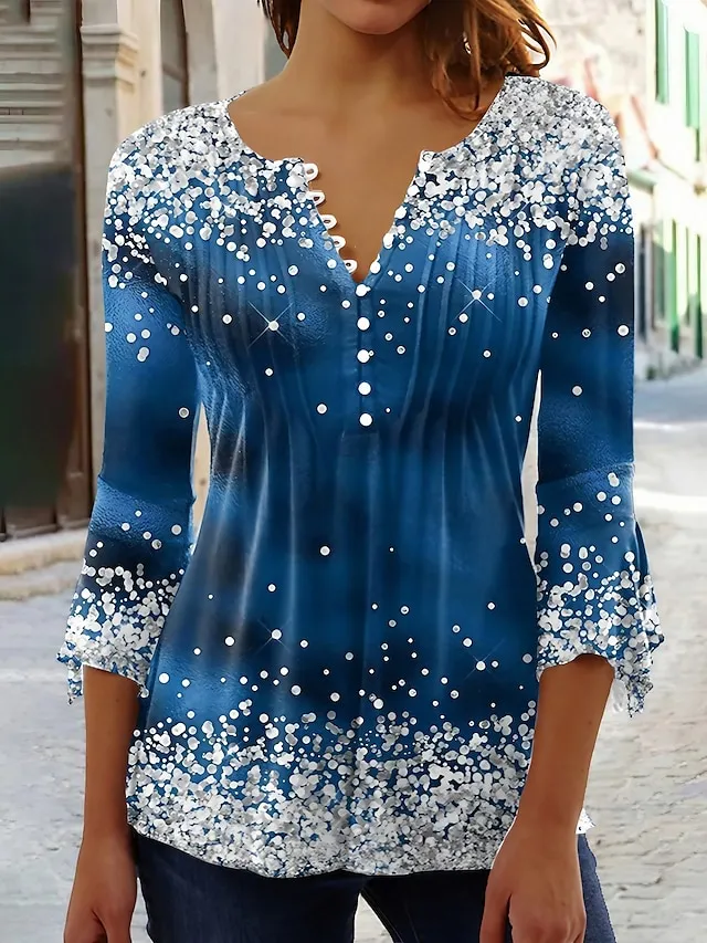 Women's Plus Size Shirt T shirt Tee Blouse Graphic Polka Dot Flower Denim Blue Grass Green Black Button Print Long Sleeve Casual Weekend Basic Round Neck Regular Fit Spring Fall