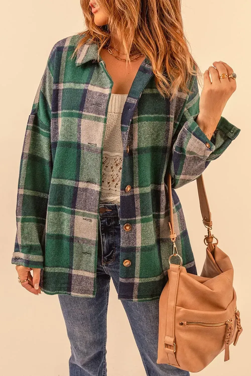 Women's 2023 Fall Clothes Plaid Shacket Jacket Long Sleeve Button Down Flannel Shirts Fashion Blouse