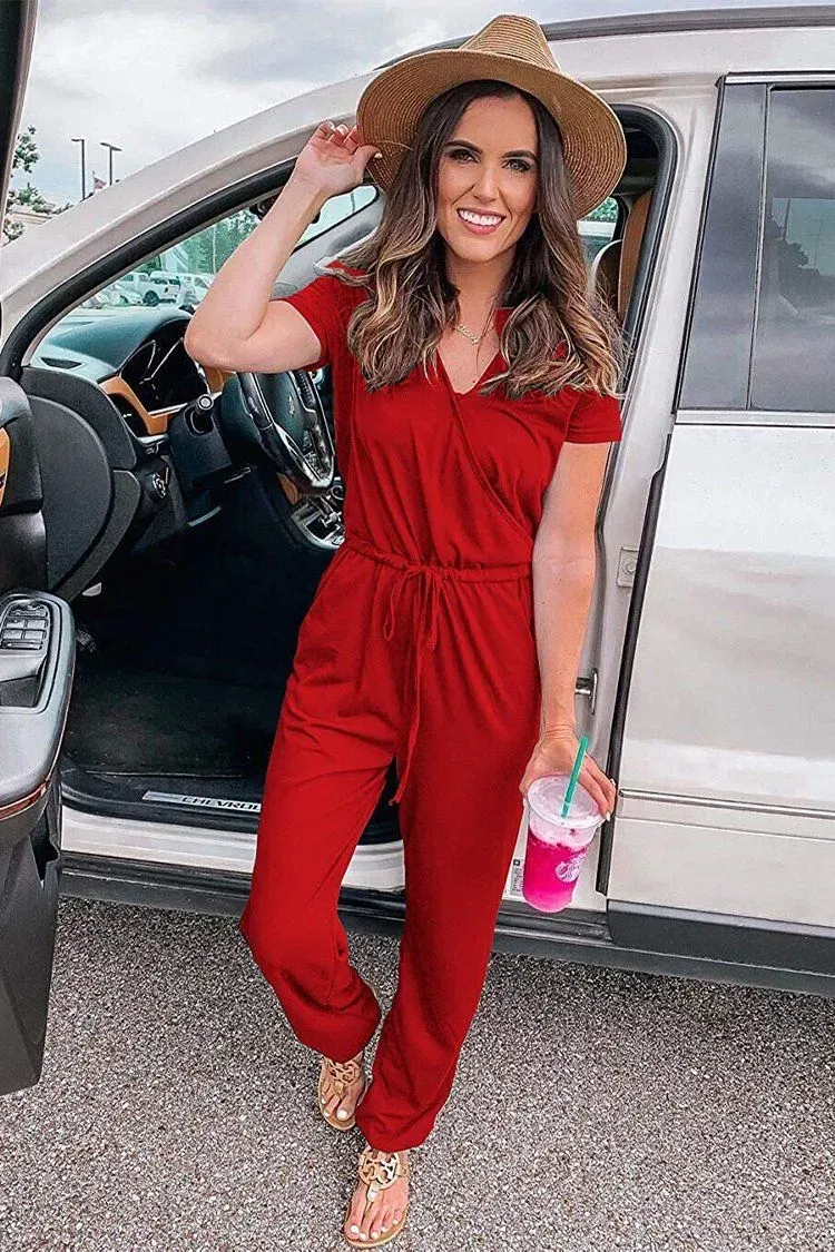 Deep V Neck Wrap Drawstring Waist Jumpsuit