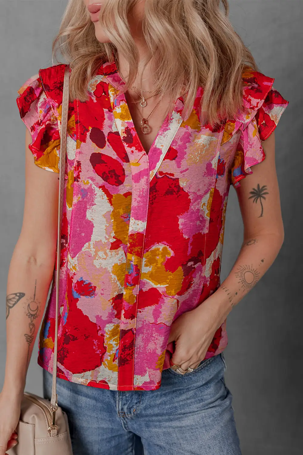 Softly Styled Abstract Print Ruffled V-Neck Blouse