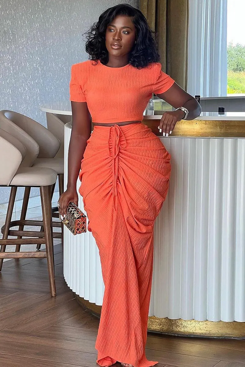 Short Sleeve Top Ruched Fishtail Maxi Skirt Party 2pcs Set-Orange