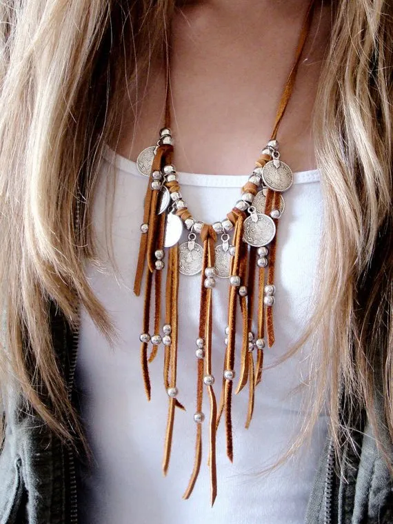 Boho Suede Beaded Fringe Necklace Leather Sweater Chain