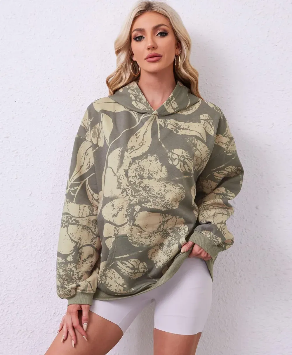 Womens Camo Hoodies Maple Leaf Print Oversized Hooded Sweatshirt Fleece Pullover Sweatshirts Long Sleeve with Pocket