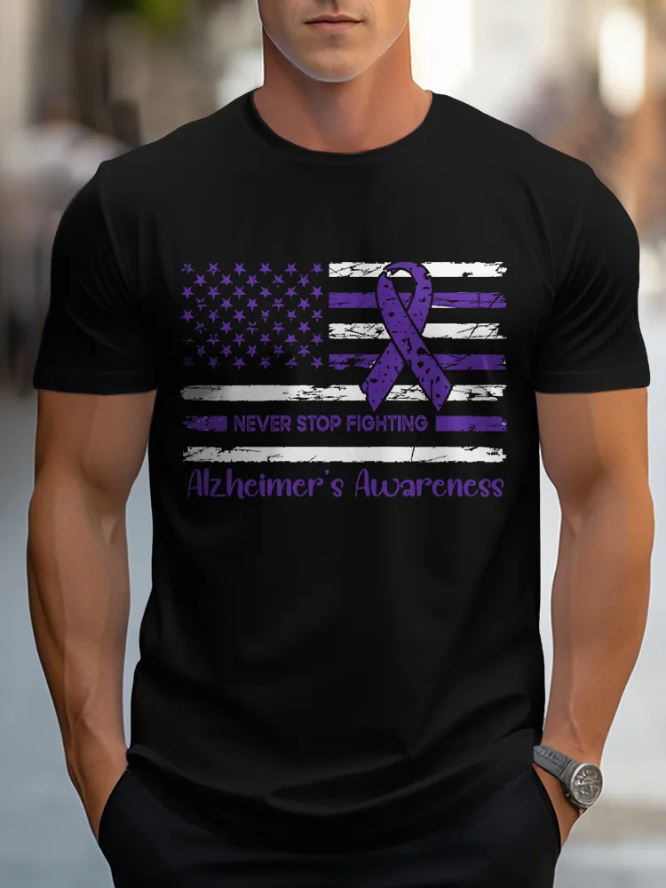 Men'S Round-Neck Short-Sleeved T-Shirt Never Stop Fighting Alzheimer'S Awareness Prints