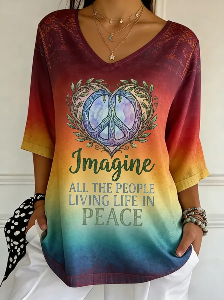 Women's Nashville Peace Sign Imagine Quote Printed V-neck T-shirt