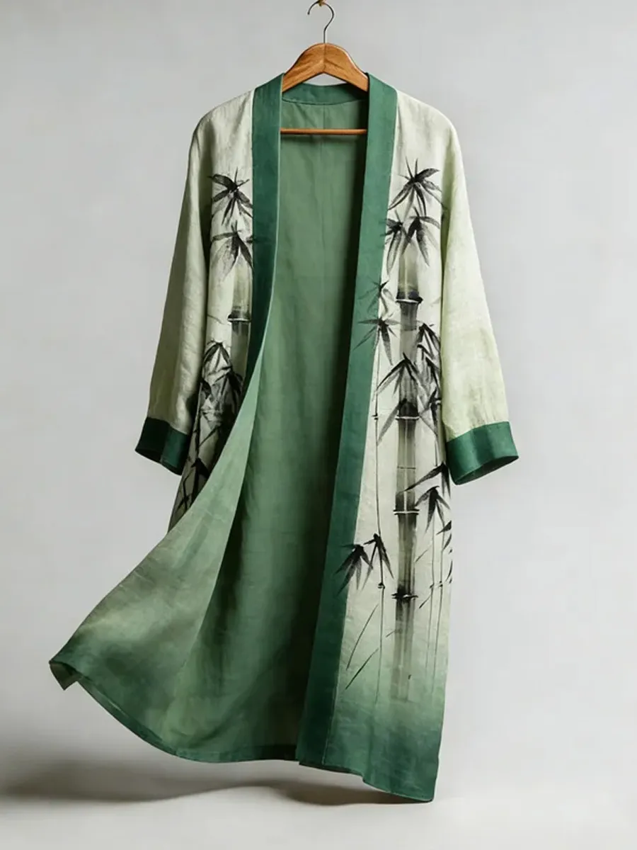 Bamboo Art Gradient Flowy Long Linen Kimono