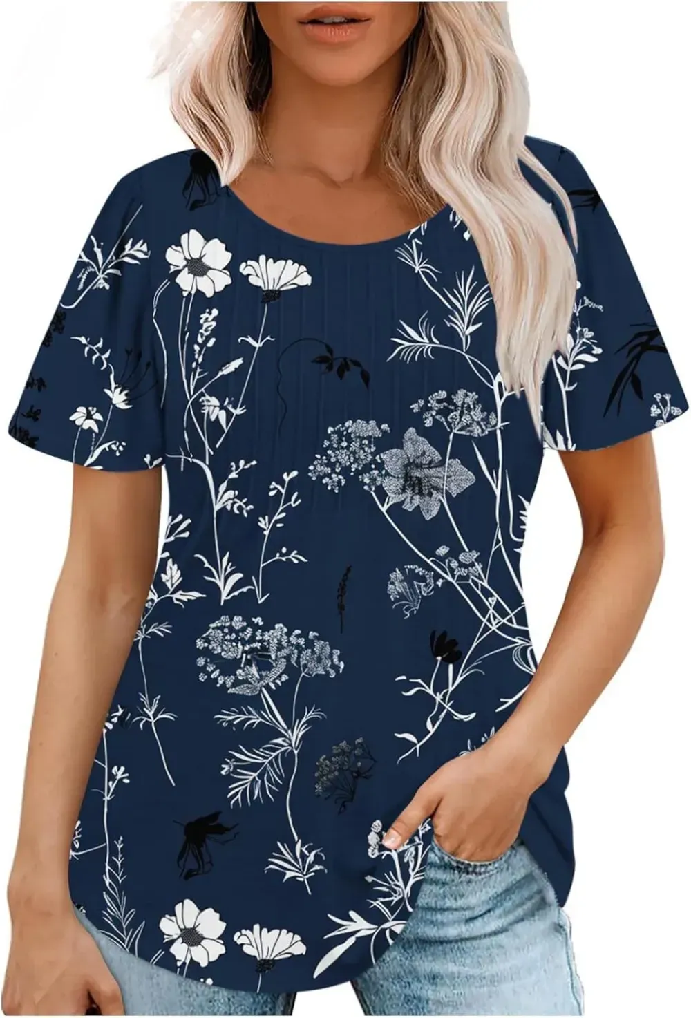 Womens Summer Pleated Front Shirts Tunics Casual Short Sleeved Loose Round Neck Boho Printed Tops Vacation Blouse