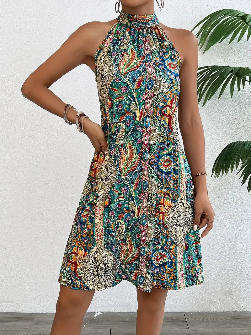 Floral Print Pleated Dress, Elegant Sleeveless Dress For Summer, Women's Clothing