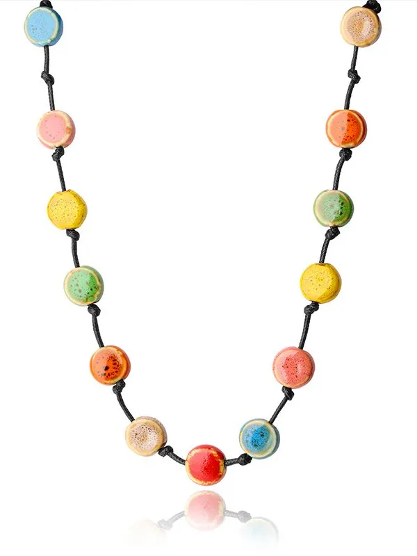 Vintage Ethnic Ceramic Gradient Flat Bead Long Necklace Sweater Chain Dress Necklace