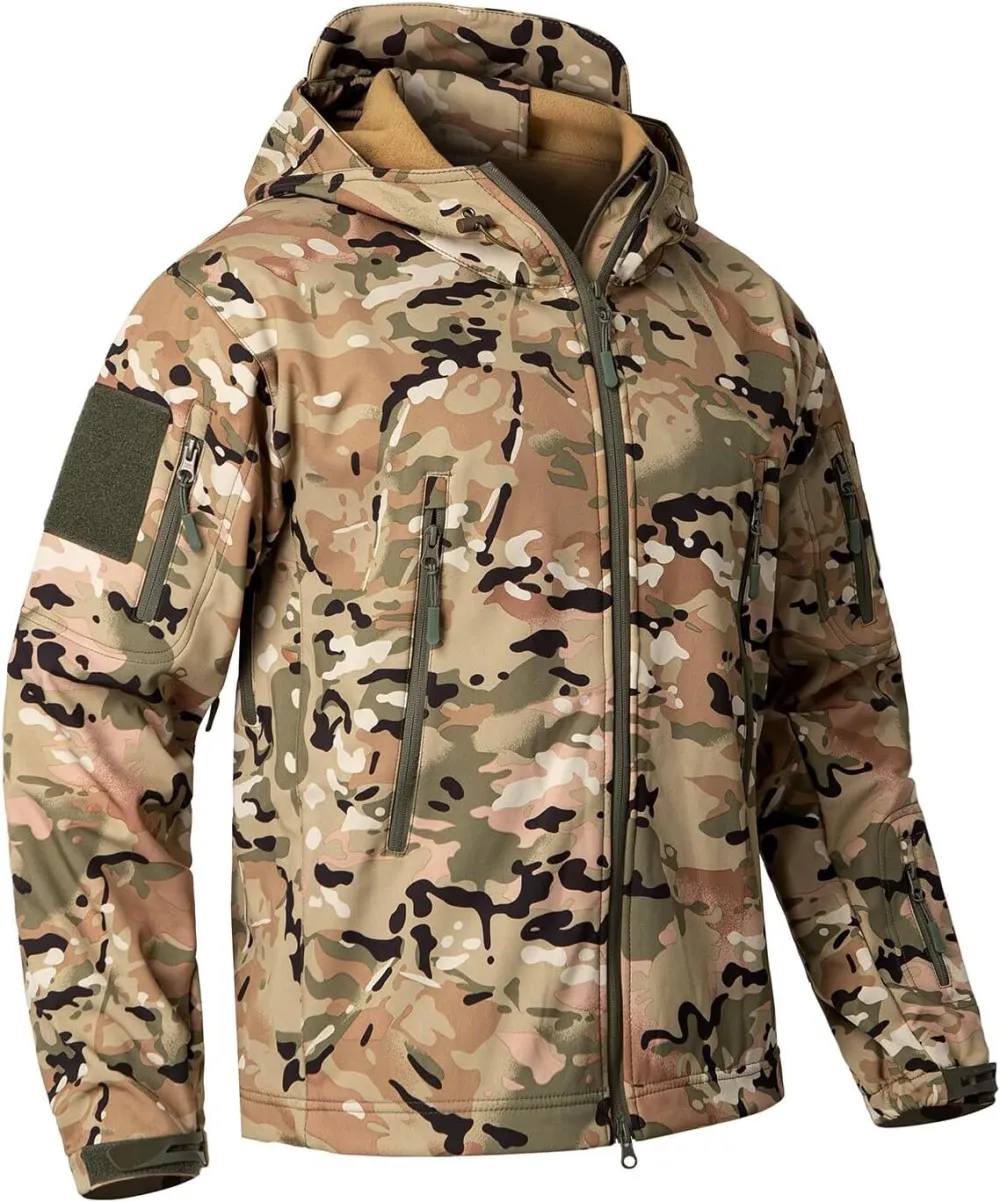 Men's Camo Quiet Hunting Jacket Waterproof Softshell Fleece Lined Camouflage Outdoor Hiking Fishing Coat