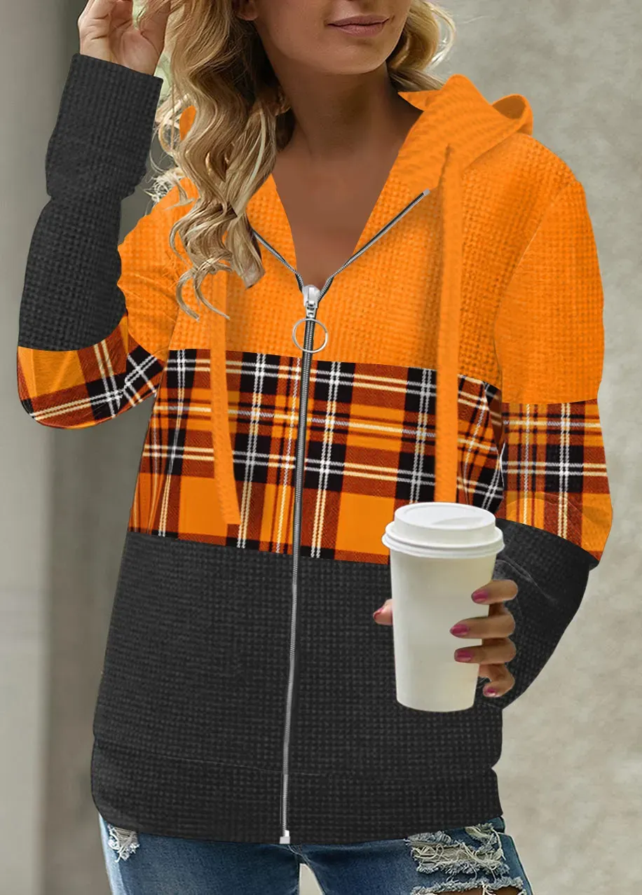 Red Patchwork Plaid Long Sleeve Hoodie