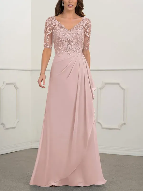 Floor-to-ceiling chiffon lace back zip bridal mom dress