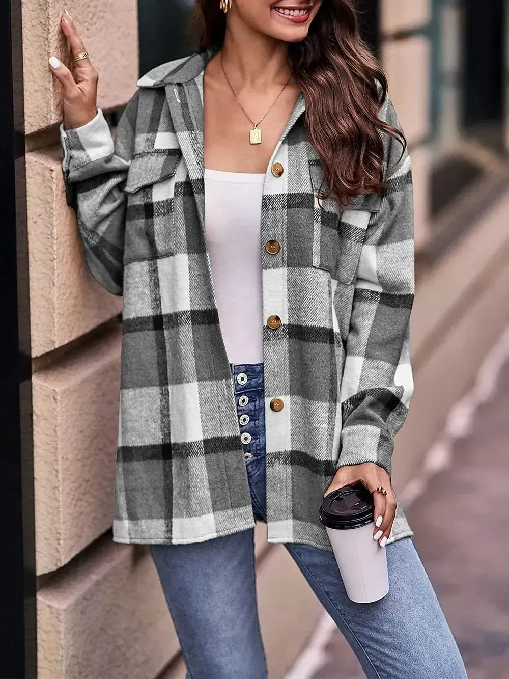 Women's 2023 Fall Clothes Plaid Shacket Jacket Long Sleeve Button Down Flannel Shirts Fashion Blouse