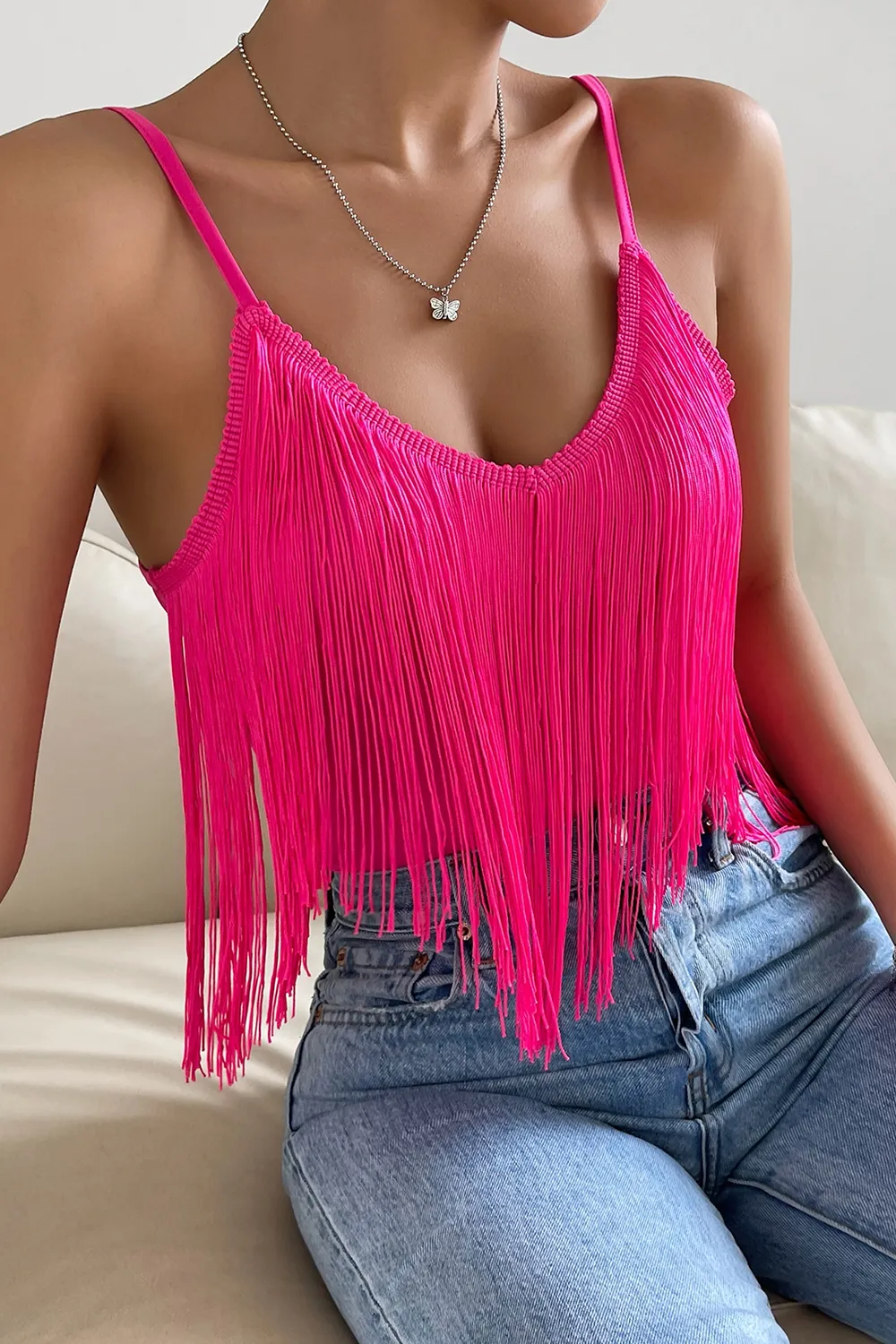 Summer Beach Solid Fringe Trim Cami Bodycon Top