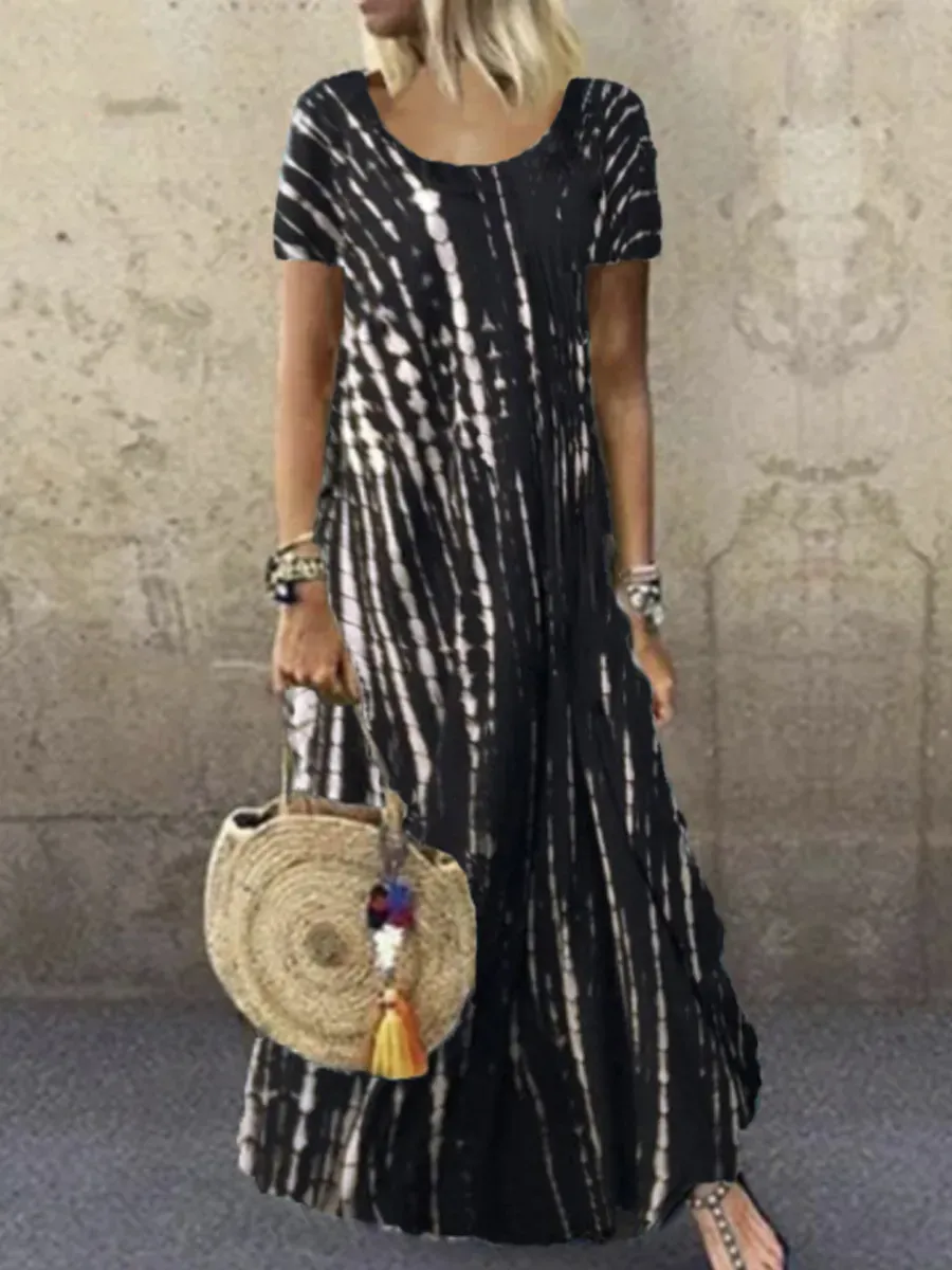 Ladies Round Neck Short Sleeve Tie-dye Printed Maxi Dress
