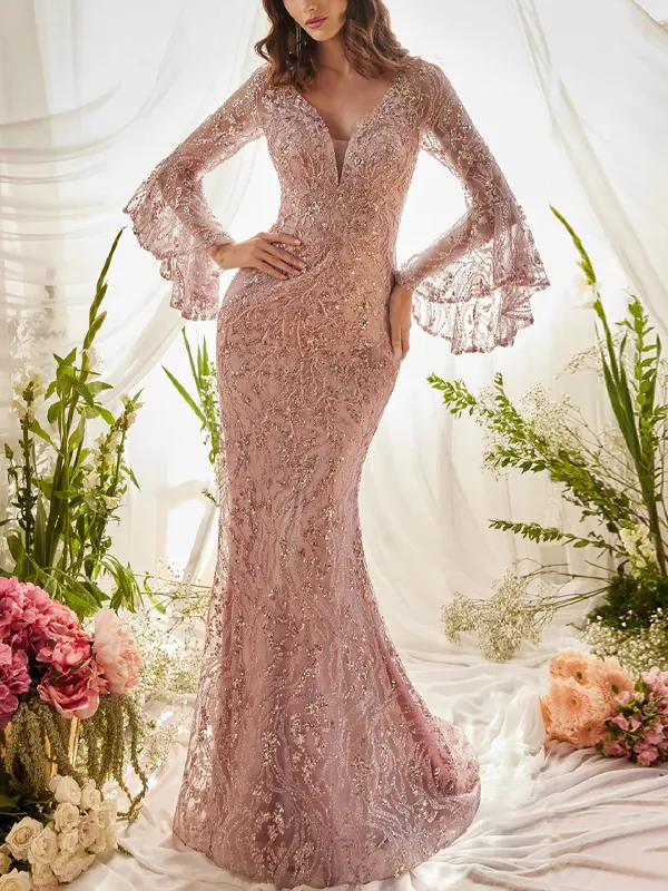 V-neck Lace Sequined Bodysuit Maxi Dress