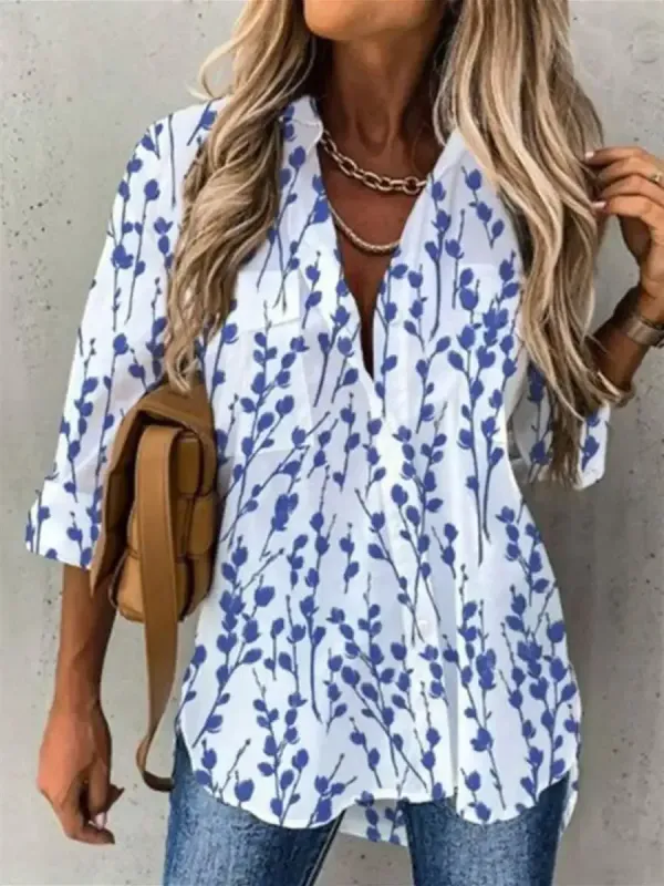 Women 3/4 Sleeve Shirt Collar Floral Printed Animal Print Button Top Shirts