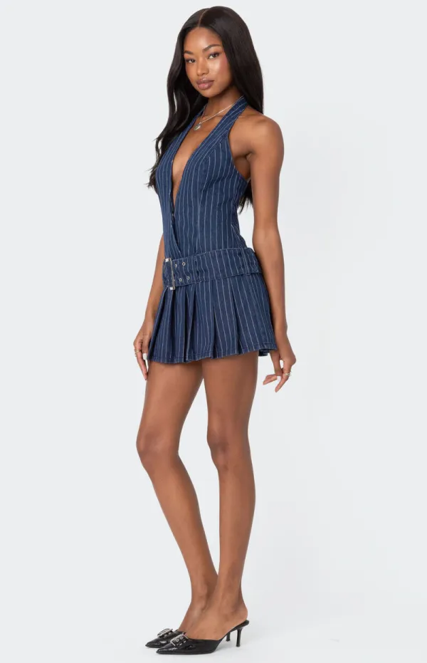 Edikted Belted Pinstripe Denim Mini Dress