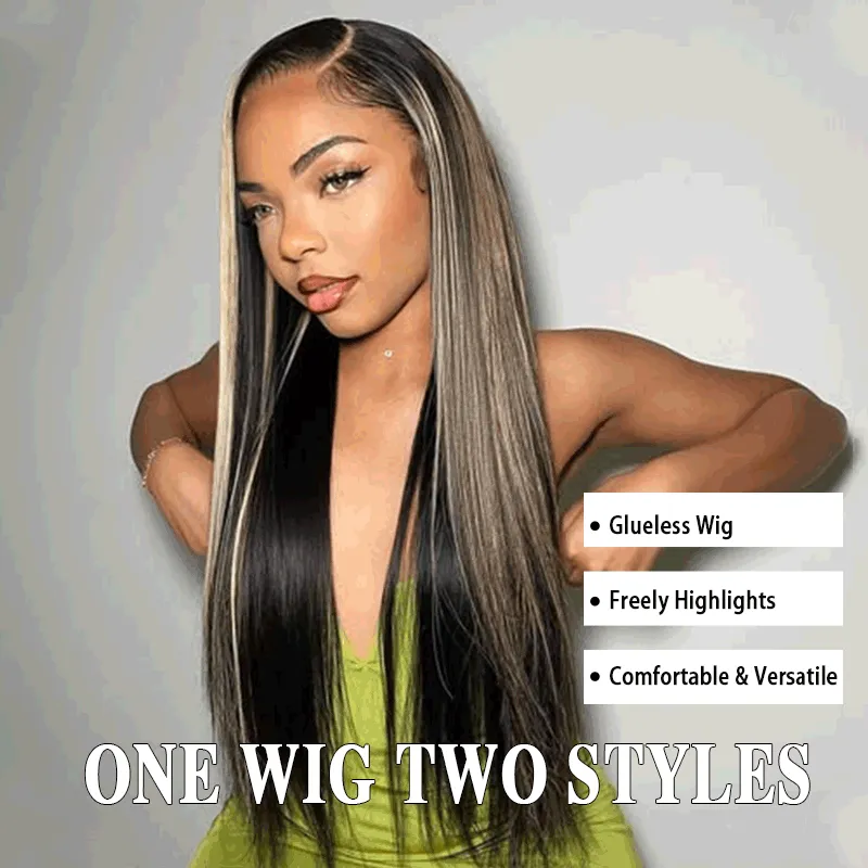 One Wig More Styles | Glueless Straight Wig With Free Colored Clips Invisible Lace Wig Dome Cap Wigs