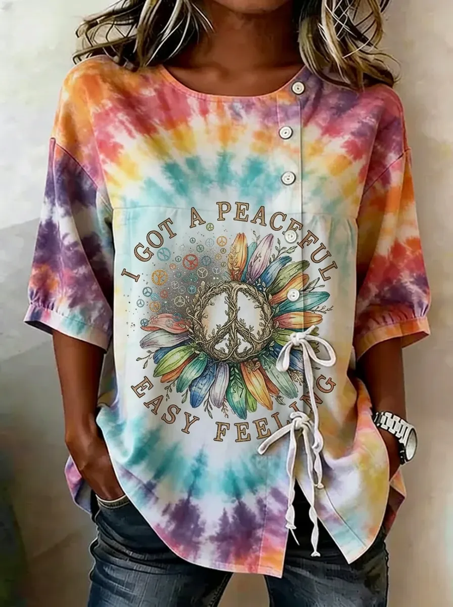 Women's Nashville Peace Sign Sunflower Tie-Dye Printed Top