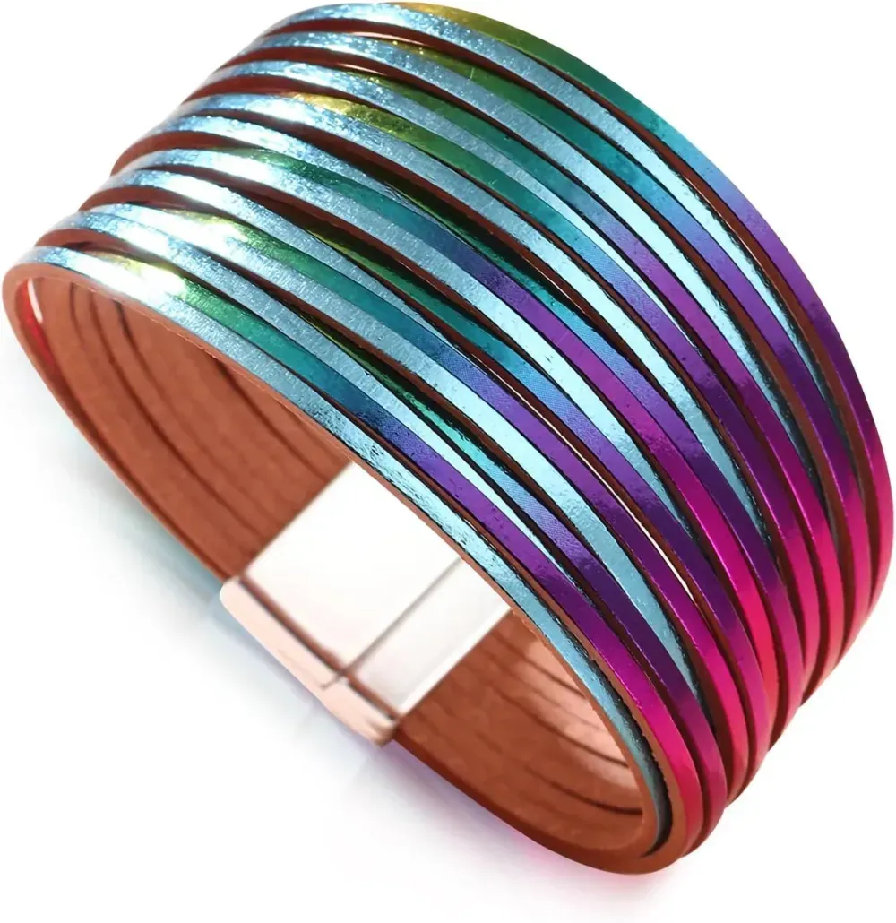 Fesciory Leather Wrap Bracelets for Women, Boho Leopard Multi-Layer Crystal Beads Cuff Bracelet Jewelry