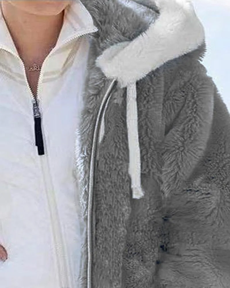 Long Sleeve Fuzzy Hooded Zip Up Teddy Coat
