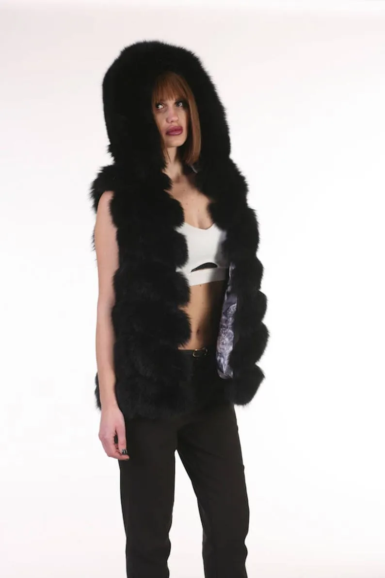 Black  Fox Fur vest hooded Women’s