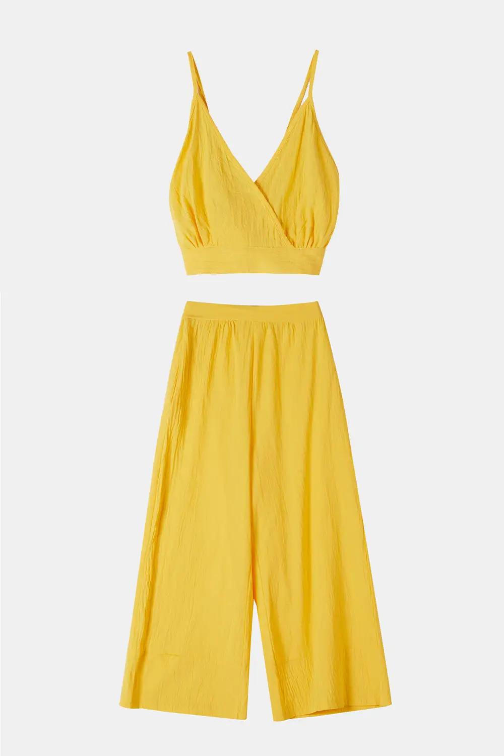 Spaghetti Strap Camisole Crop Top Casual Wide Leg Long Pants Linen Set