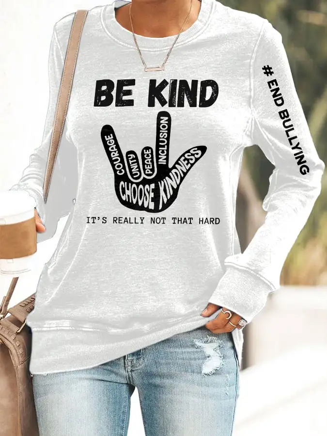 Retro Pink Shirt Day Anti-Bullying Be Kind It's Really Not That Hard Love Hand Sign End Bullying Print Sweatshirt
