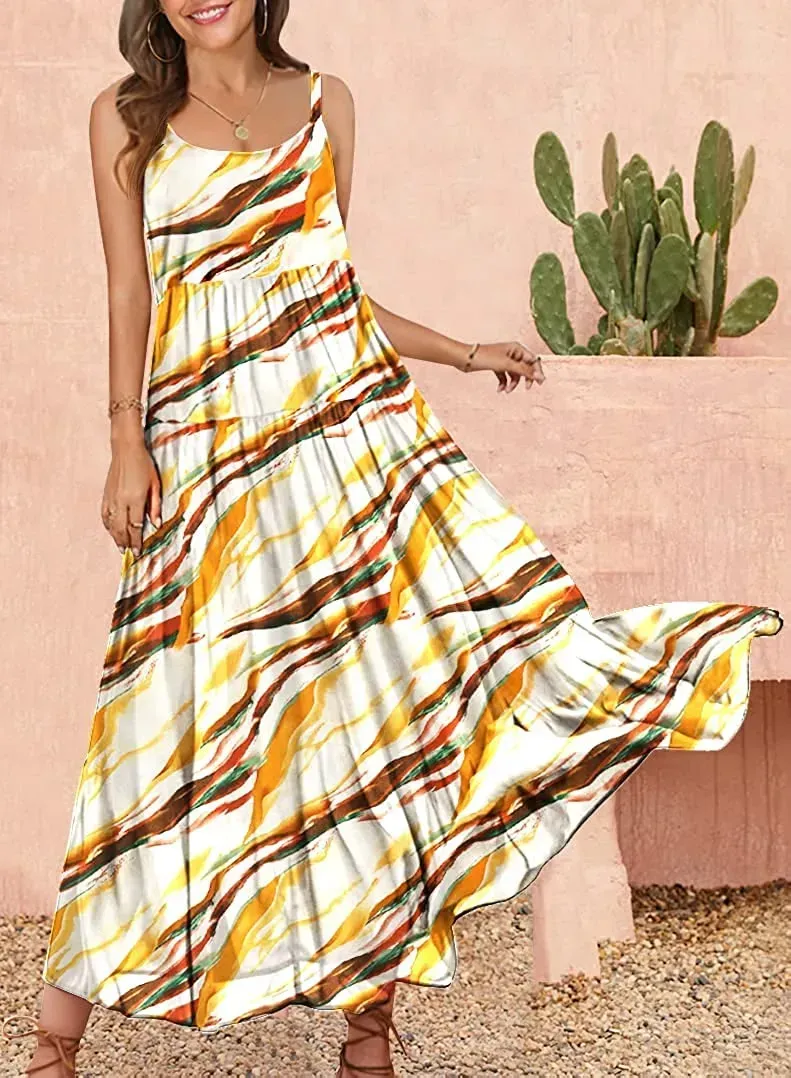 Summer Dresses for Women Casual Loose Bohemian Floral Dress with Pockets Spaghetti Strap Maxi Dress E75