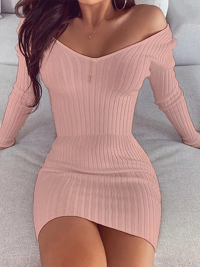 Women's White Dress Sweater Dress Jumper Dress Knee Length Dress Knitwear Elegant Stylish Pure Color Outdoor Winter Dress Date Fall Dress V Neck Long Sleeve Patchwork 2023 Slim Black White Pink S M L