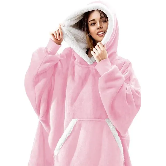 Women's Christmas Couple‘s Pajamas Nightgown Hoodie Blanket Wearable Blanket Grid / Plaid Pure Color Plush Simple Comfort Xmas Home Party Fleece Warm Gift Patchwork Pocket Fall Winter Black Gray