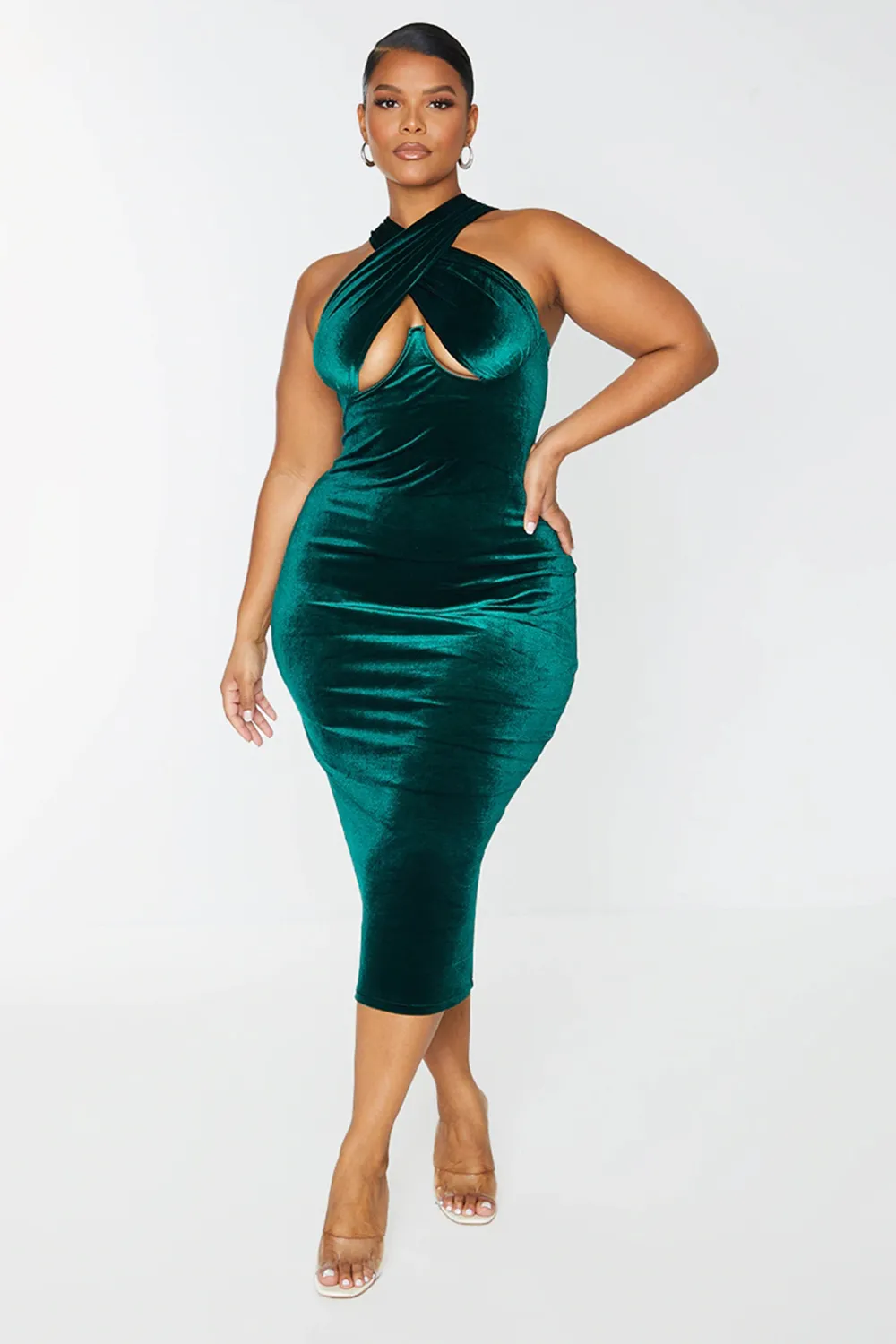 Plus Black Velvet Underwired Cross Front Midi Dress