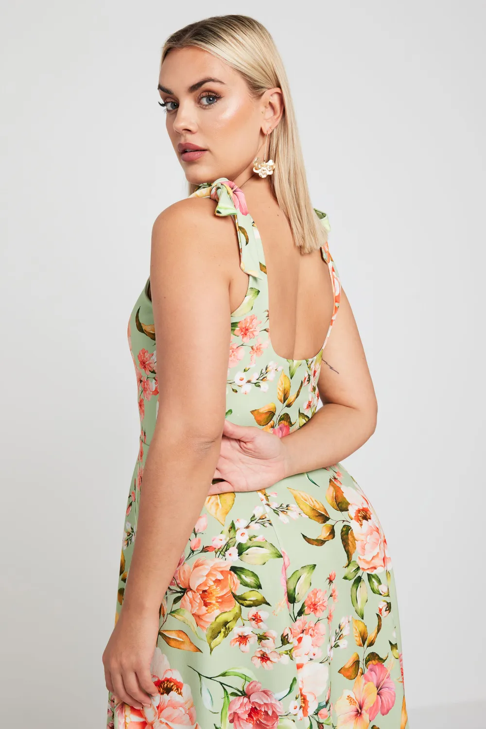 YOURS Curve Green Floral Print Bow Strap Midaxi Dress