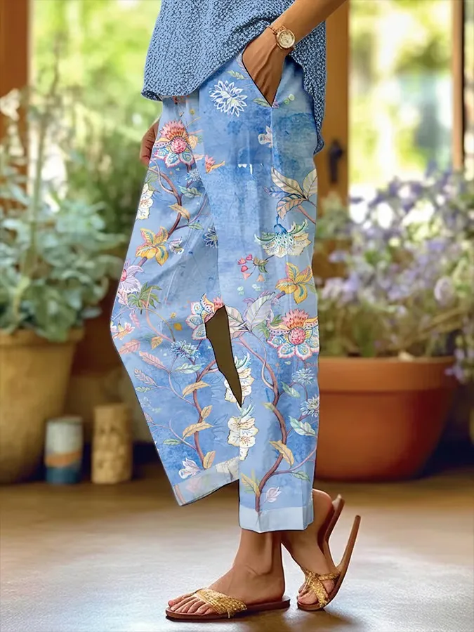 Women's Botanical Floral Design Loose Pocket Patchwork Casual Pants