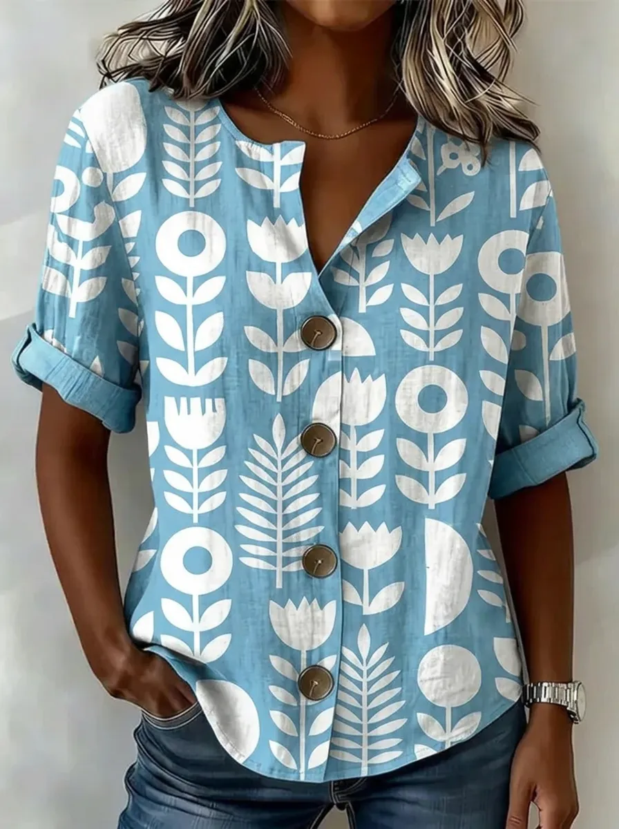 Women's Nashville Floral Botanical Printed Button-up Shirt